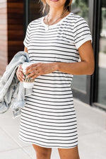Load image into Gallery viewer, Blissful Days White/Black Striped  T-Shirt Dress
