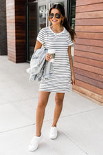 Load image into Gallery viewer, Blissful Days White/Black Striped  T-Shirt Dress
