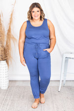 Load image into Gallery viewer, Let&#39;s Be Happy Dark Blue Jumpsuit
