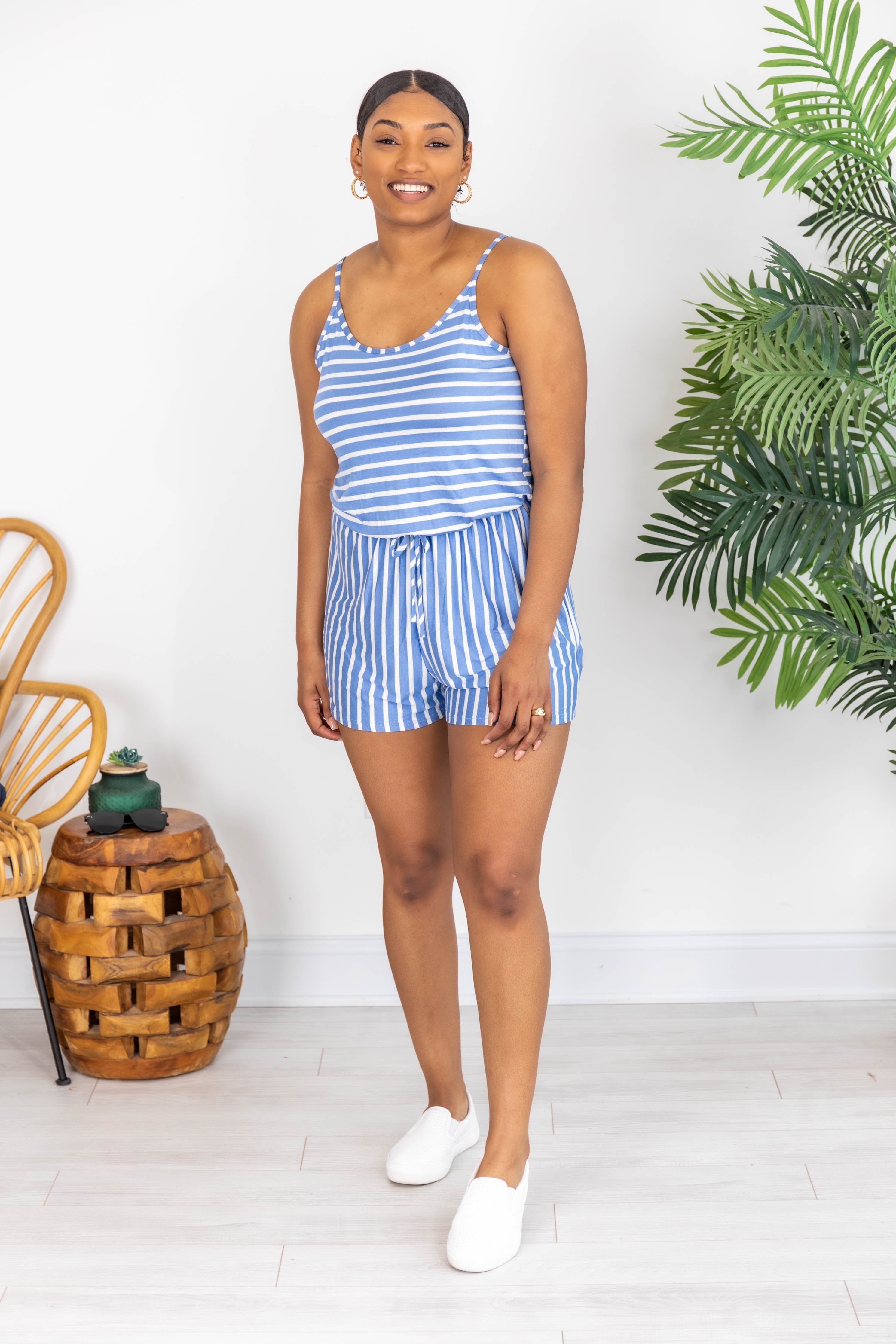 Fluttering Heart Striped Blue/White Romper