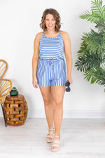 Load image into Gallery viewer, Fluttering Heart Striped Blue/White Romper
