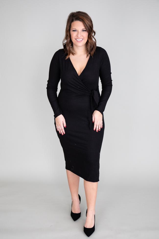Daring Heart Ribbed Midi Black Dress