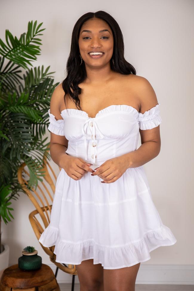 CAITLIN COVINGTON X PINK LILY The Mykonos Corset Detail Off the Shoulder White Dress