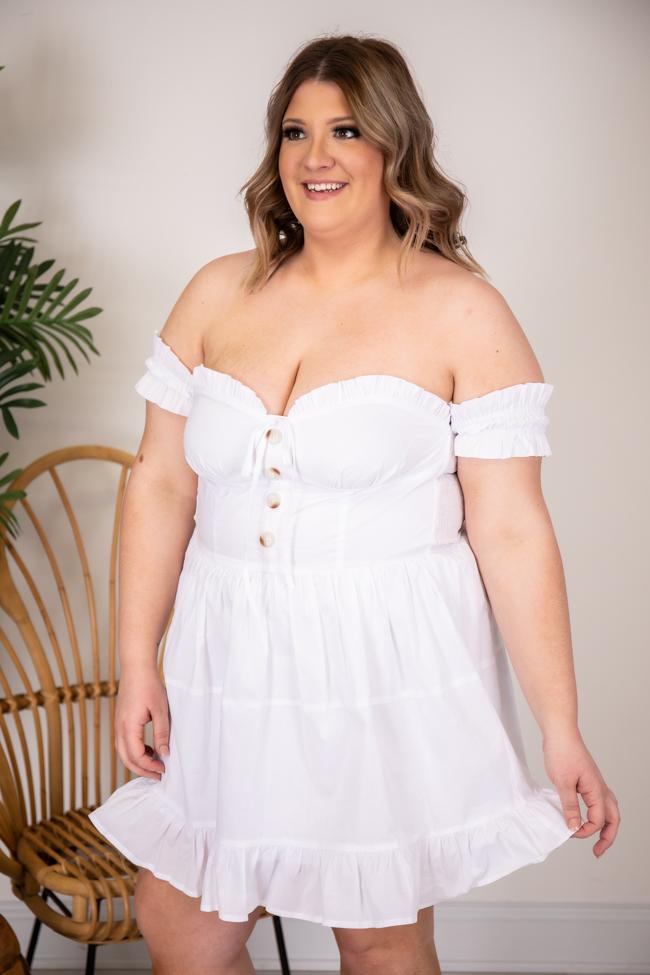 CAITLIN COVINGTON X PINK LILY The Mykonos Corset Detail Off the Shoulder White Dress
