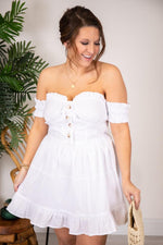 Load image into Gallery viewer, CAITLIN COVINGTON X PINK LILY The Mykonos Corset Detail Off the Shoulder White Dress
