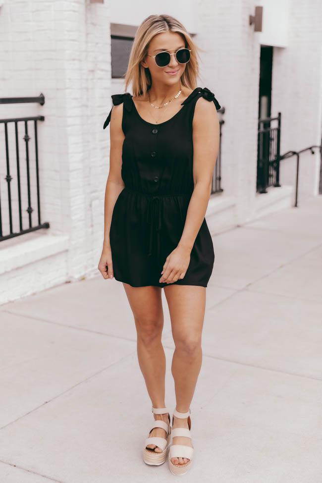 Saturday Afternoon Black Tie Strap Button Romper