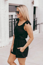 Load image into Gallery viewer, Saturday Afternoon Black Tie Strap Button Romper
