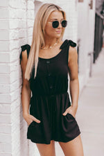 Load image into Gallery viewer, Saturday Afternoon Black Tie Strap Button Romper
