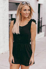 Load image into Gallery viewer, Saturday Afternoon Black Tie Strap Button Romper
