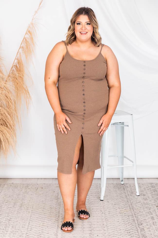 Passport Destination Brown Button Ribbed Midi Dress