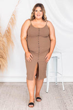 Load image into Gallery viewer, Passport Destination Brown Button Ribbed Midi Dress
