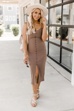 Load image into Gallery viewer, Passport Destination Brown Button Ribbed Midi Dress

