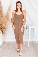 Load image into Gallery viewer, Passport Destination Brown Button Ribbed Midi Dress

