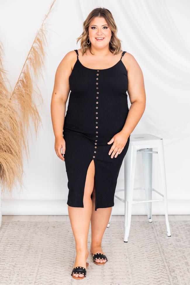 Passport Destination Black Button Ribbed Midi Dress