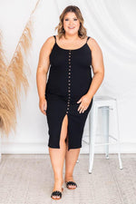 Load image into Gallery viewer, Passport Destination Black Button Ribbed Midi Dress
