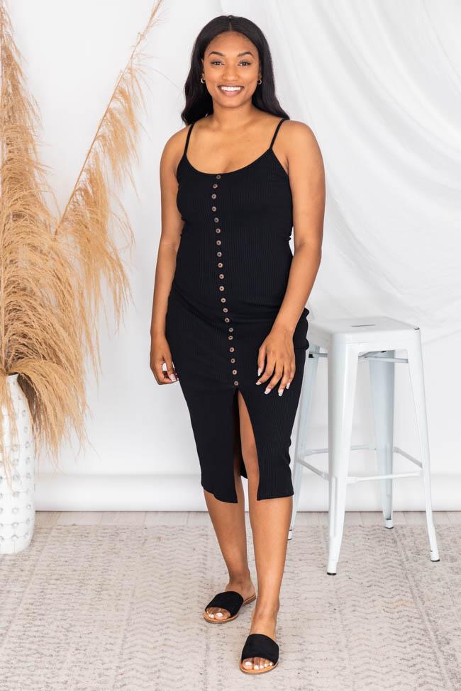 Passport Destination Black Button Ribbed Midi Dress