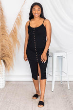 Load image into Gallery viewer, Passport Destination Black Button Ribbed Midi Dress
