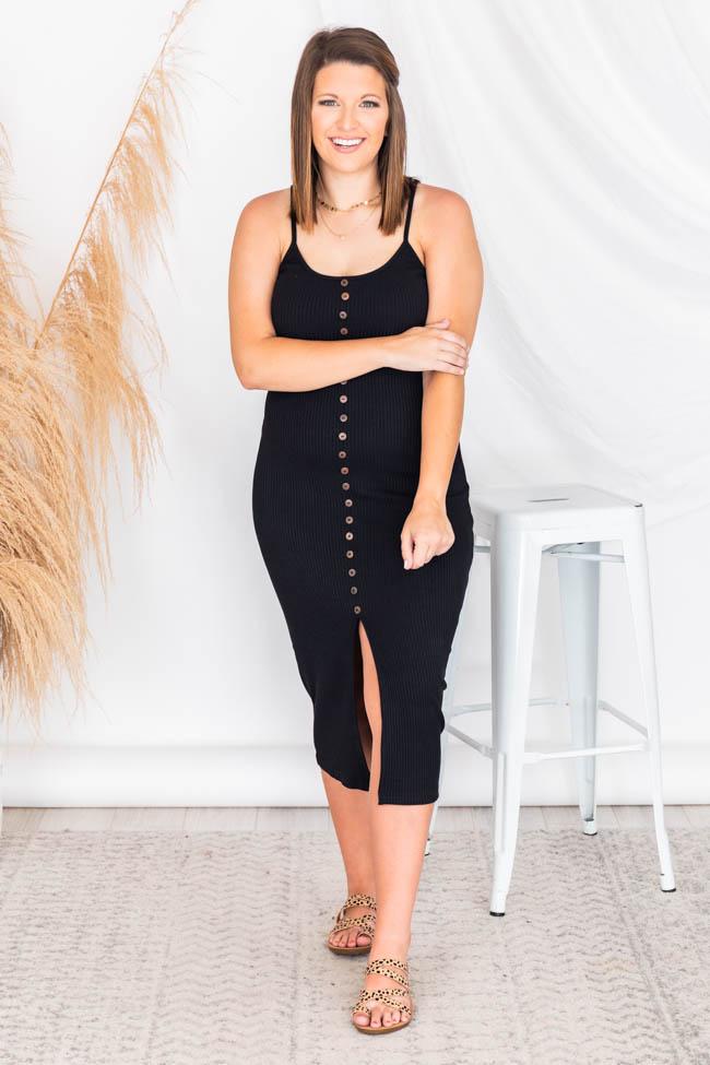Passport Destination Black Button Ribbed Midi Dress