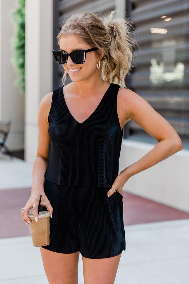 LIVING MY BEST STYLE X PINK LILY Chasing Cities Black Pleated Romper