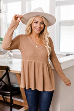 Load image into Gallery viewer, Chance To Shine Tan Peplum Waffle Knit Blouse
