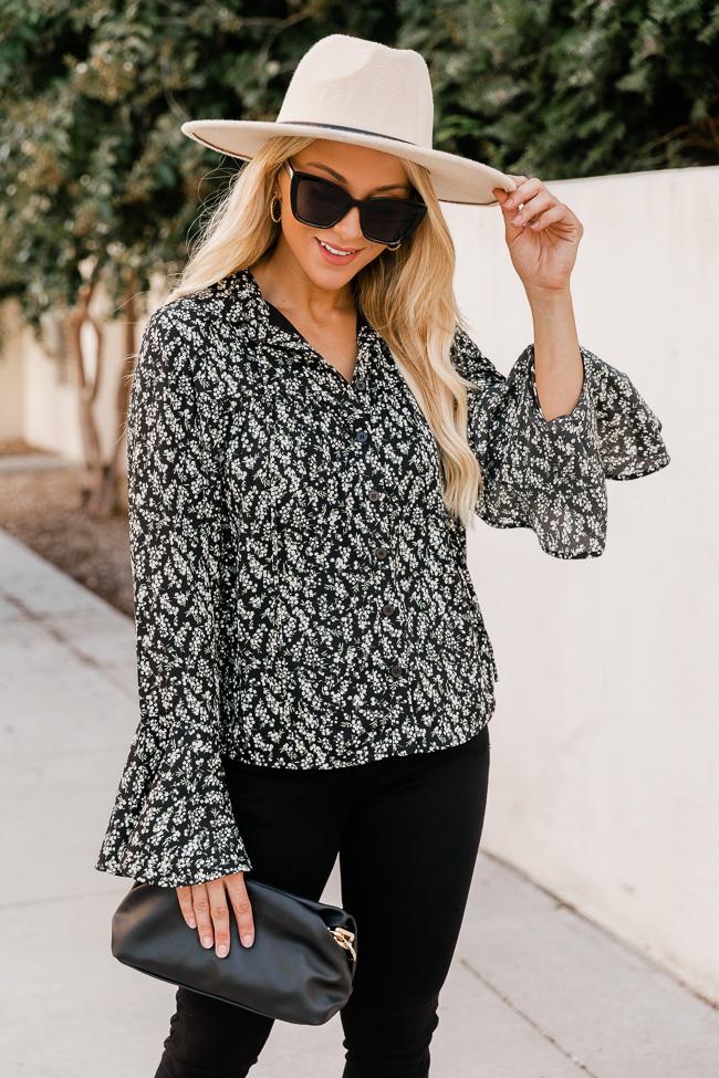 Fields Of Dreams Black Floral Button Front Blouse