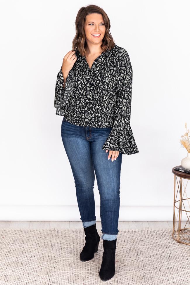 Fields Of Dreams Black Floral Button Front Blouse