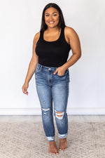 Load image into Gallery viewer, Ember Dark Wash Cuffed Hem Distressed Mom Jeans
