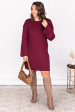 Load image into Gallery viewer, Decide My Path Ribbed Bell Sleeve Burgundy Sweater Dress
