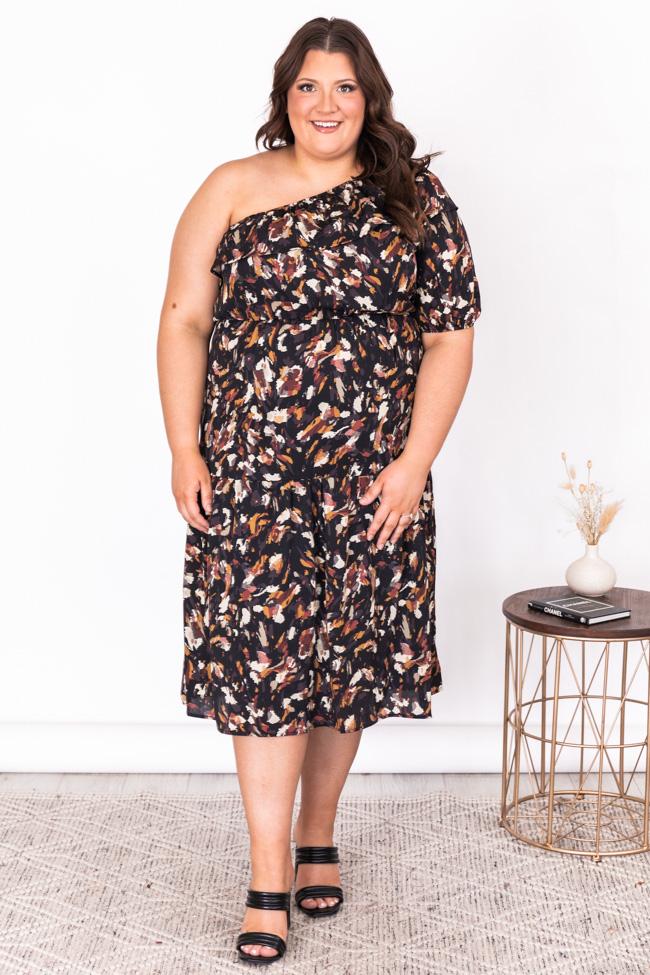 On Repeat Floral One Shoulder Ruffle Maxi Dress Black
