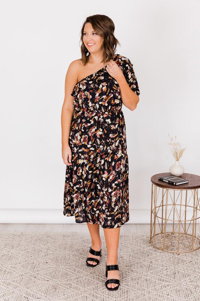 On Repeat Floral One Shoulder Ruffle Maxi Dress Black
