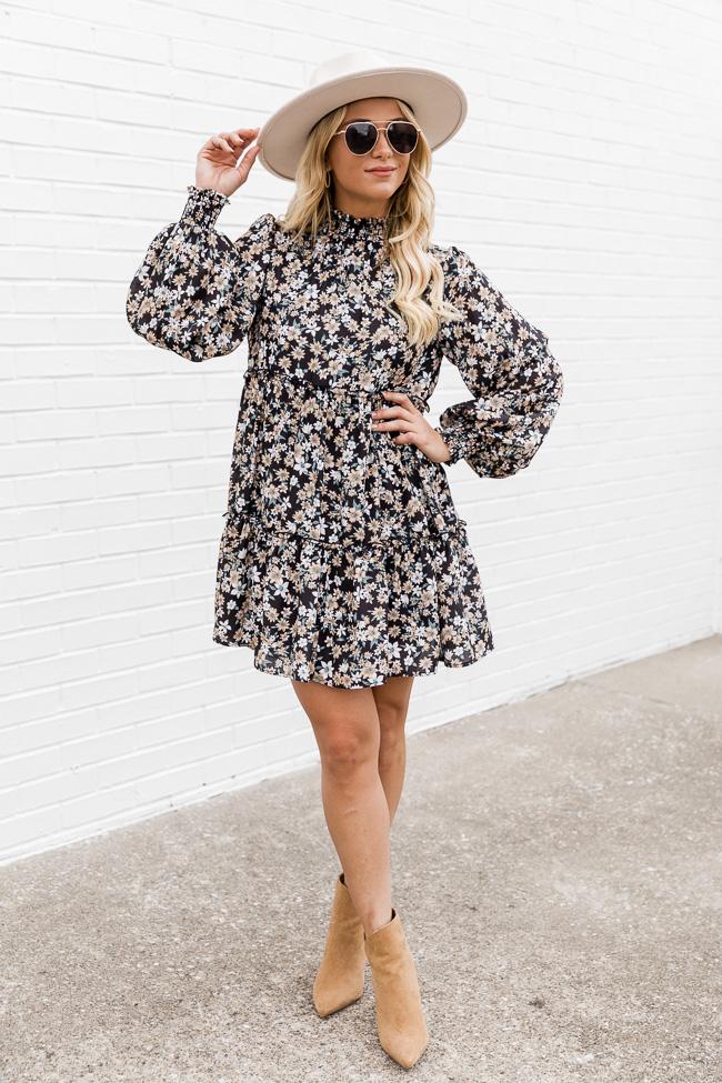 Original Standard High Neck Babydoll Black Floral Dress
