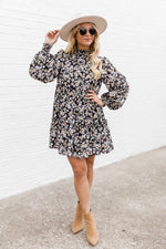 Load image into Gallery viewer, Original Standard High Neck Babydoll Black Floral Dress
