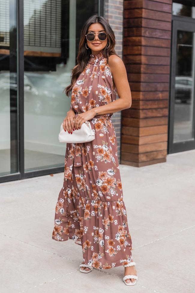 Short Notice Floral Mauve High Neck Maxi Dress