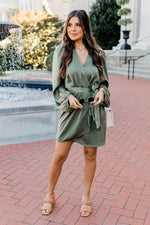 Load image into Gallery viewer, Renewed Attitude Olive Satin Wrap Mini Dress
