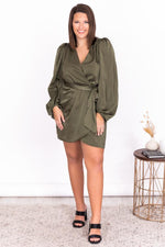 Load image into Gallery viewer, Renewed Attitude Olive Satin Wrap Mini Dress
