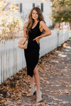 CAITLIN COVINGTON X PINK LILY The Courtney Ribbed V-Neck Black Midi Dress