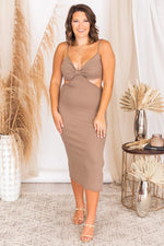 Load image into Gallery viewer, Hit The Dance Floor Taupe Cut Out Midi Dress
