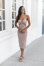 Load image into Gallery viewer, Hit The Dance Floor Taupe Cut Out Midi Dress

