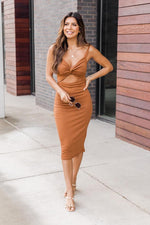 Load image into Gallery viewer, Writing Songs Cognac Twist Front Cutout Midi Dress
