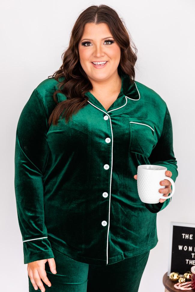 Asking Again Green Velvet Button Front Lounge Top