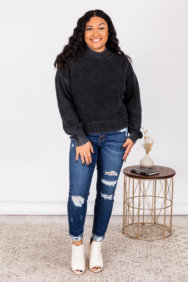 Call You Tonight Black Acid Wash Mock Neck Sweater