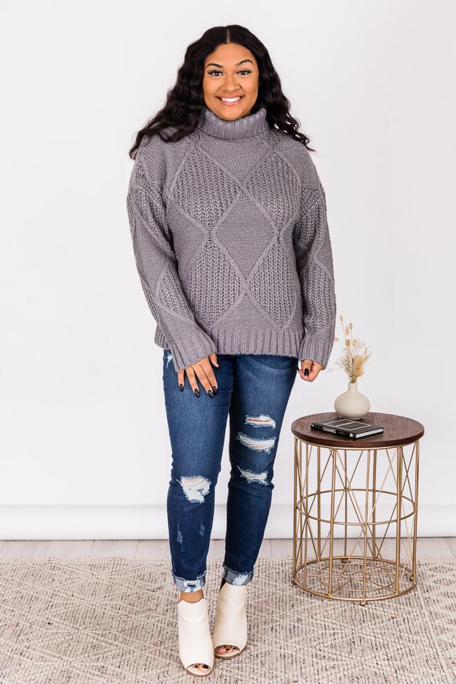 Make The Trip Grey Diamond Textured Turtleneck Sweater