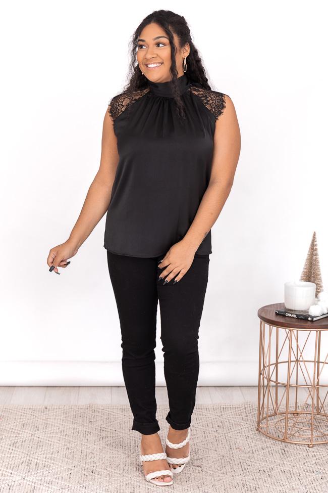 Heard It Before Black Lace Sleeve Mock Neck Blouse