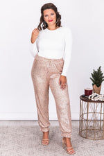 Load image into Gallery viewer, Forever Tonight Rose Gold Sequin Joggers
