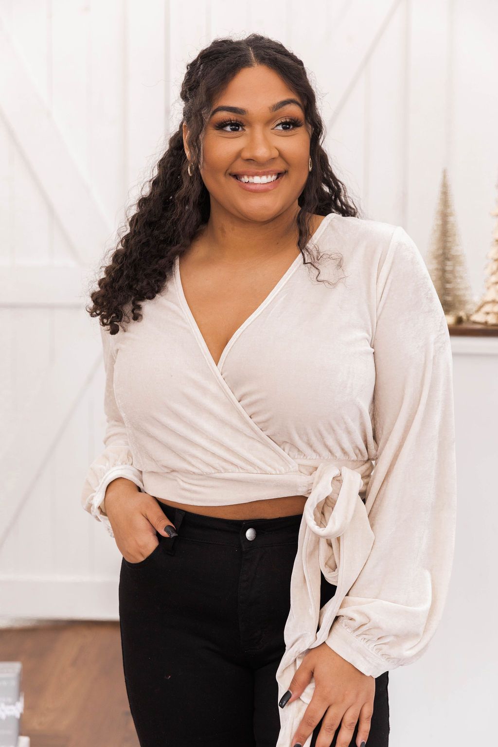 Waiting All Night Ivory Velvet Wrap Blouse