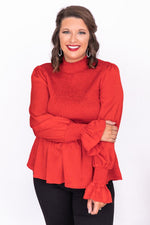 Load image into Gallery viewer, Dancefloor Heartbreak Red Smocked Turtleneck Blouse
