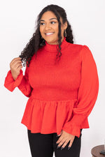 Load image into Gallery viewer, Dancefloor Heartbreak Red Smocked Turtleneck Blouse
