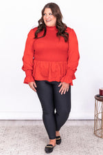 Load image into Gallery viewer, Dancefloor Heartbreak Red Smocked Turtleneck Blouse
