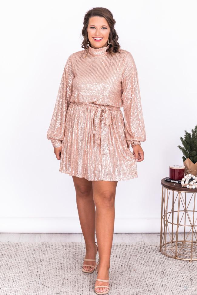Making Plans Mock Neck Rose Gold Sequin Dress