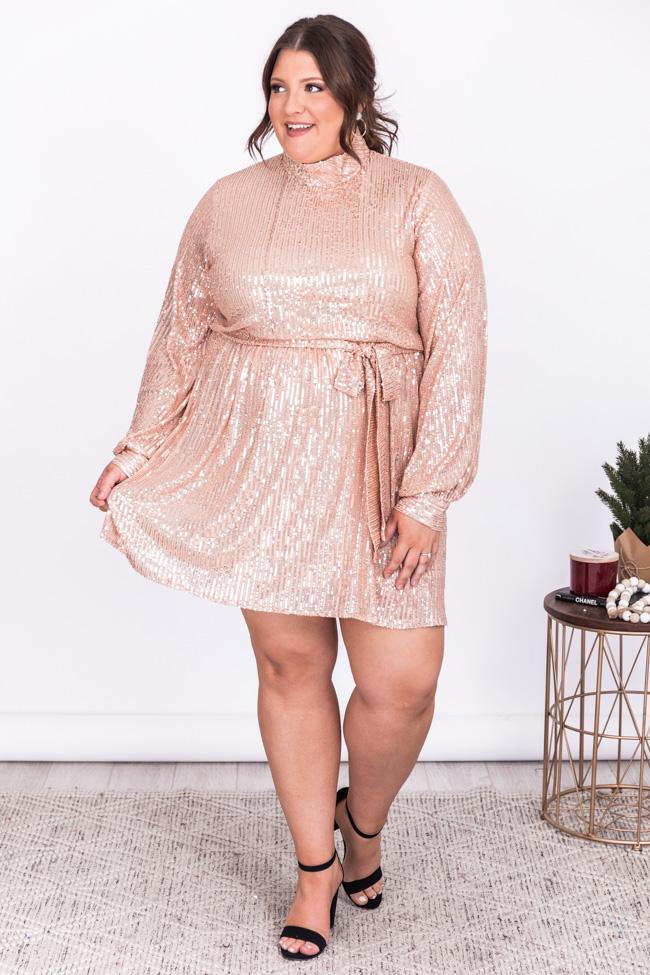 Making Plans Mock Neck Rose Gold Sequin Dress